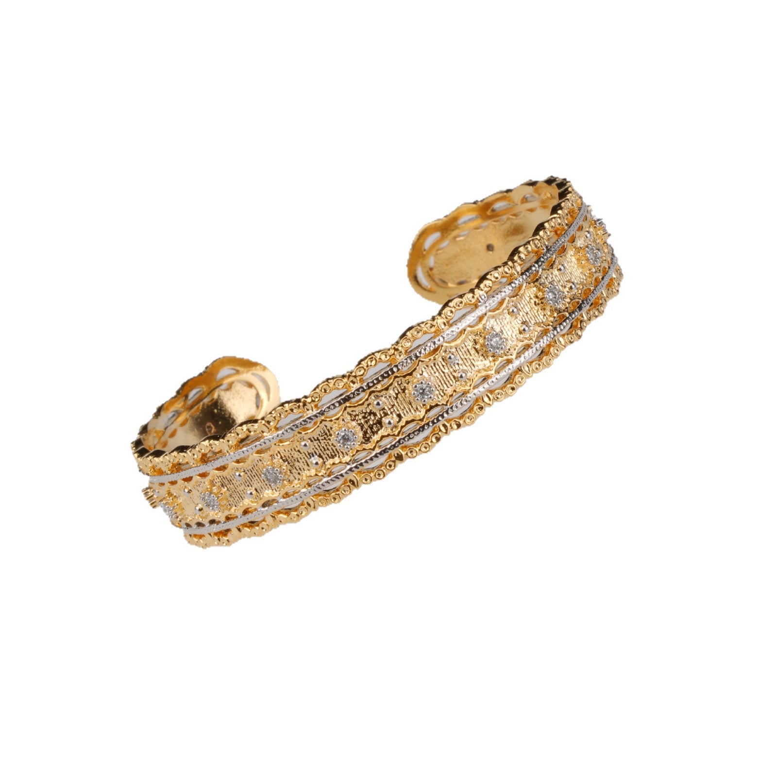 Bracciale rigido stile Buccellati italiano, in rame placcato oro 18 carati, con lavorazione a intreccio e zirconi, completamente aperto