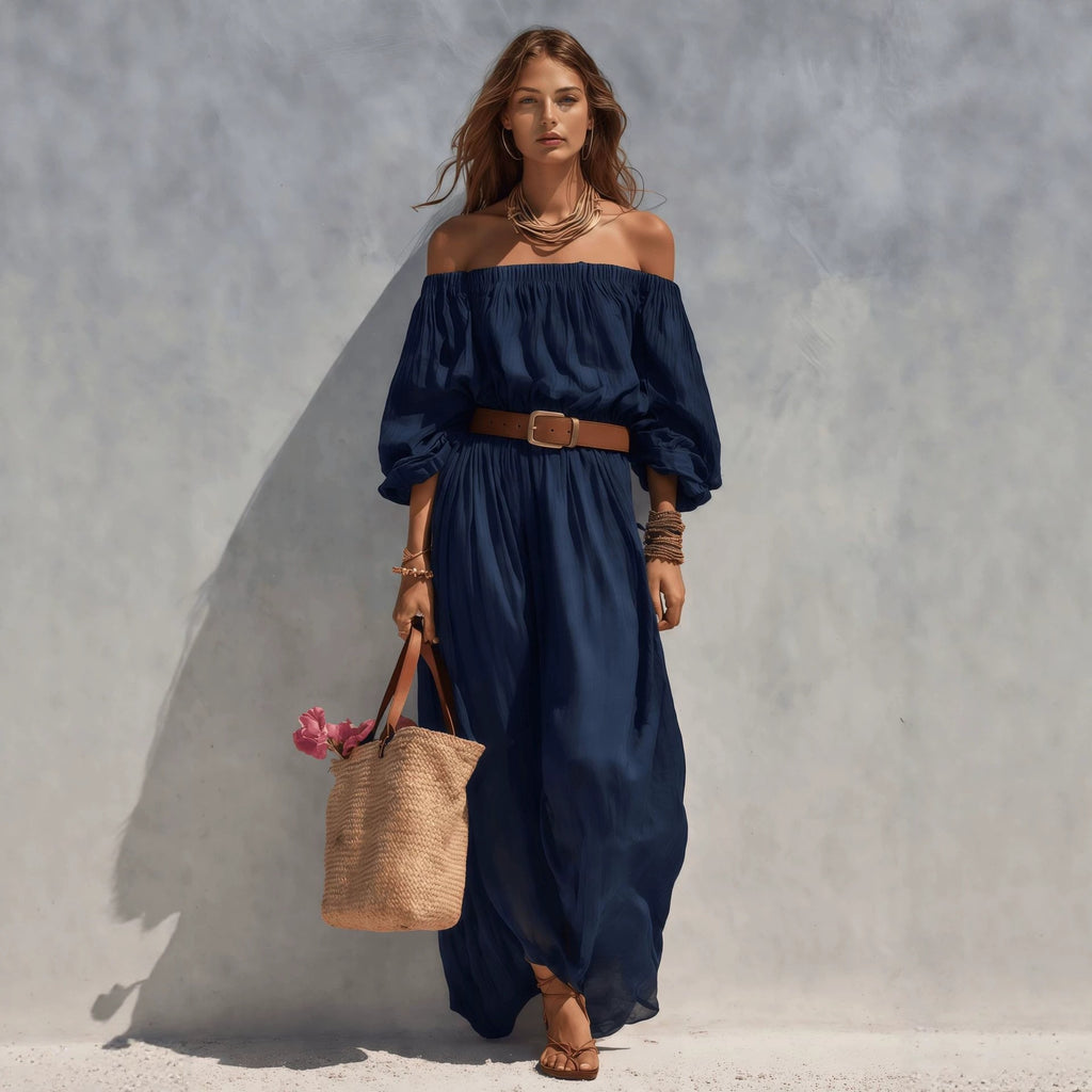 Abito lungo casual da donna in cotone e lino con scollo a barca