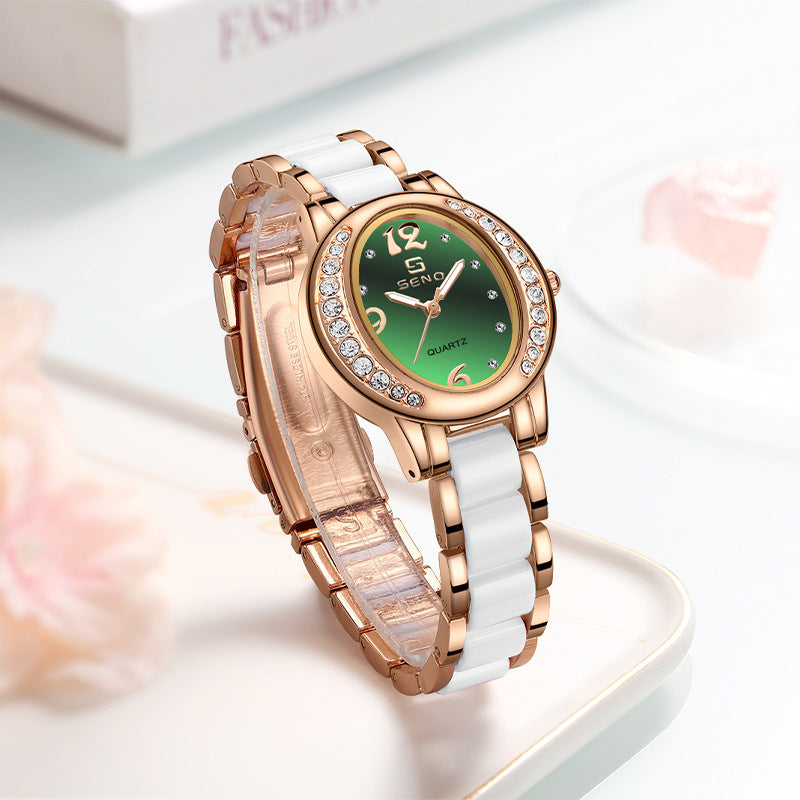 New elegant women's oval watch, studded with stones, waterproof, quartz, with luminescent dial