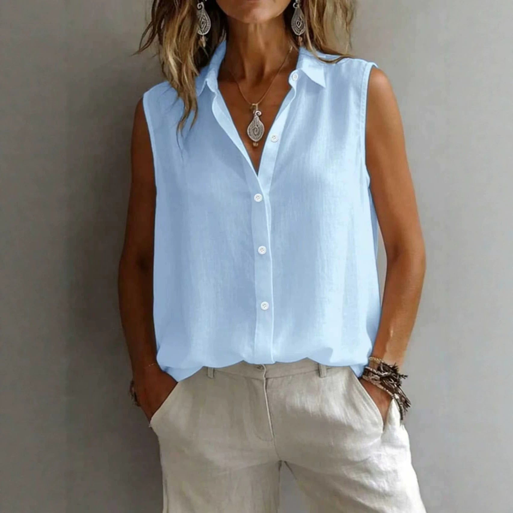 Camicia da donna senza maniche con colletto a risvolto, tinta unita, casual