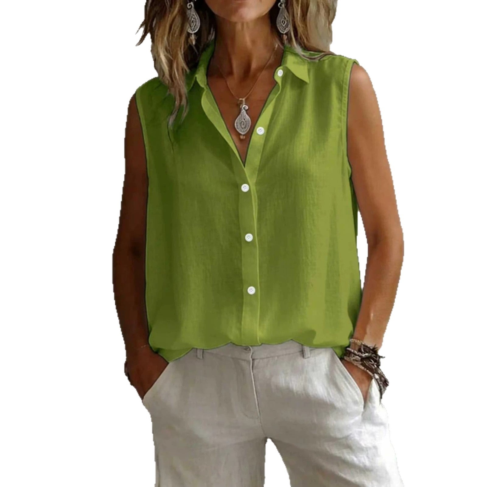 Camicia da donna senza maniche con colletto a risvolto, tinta unita, casual