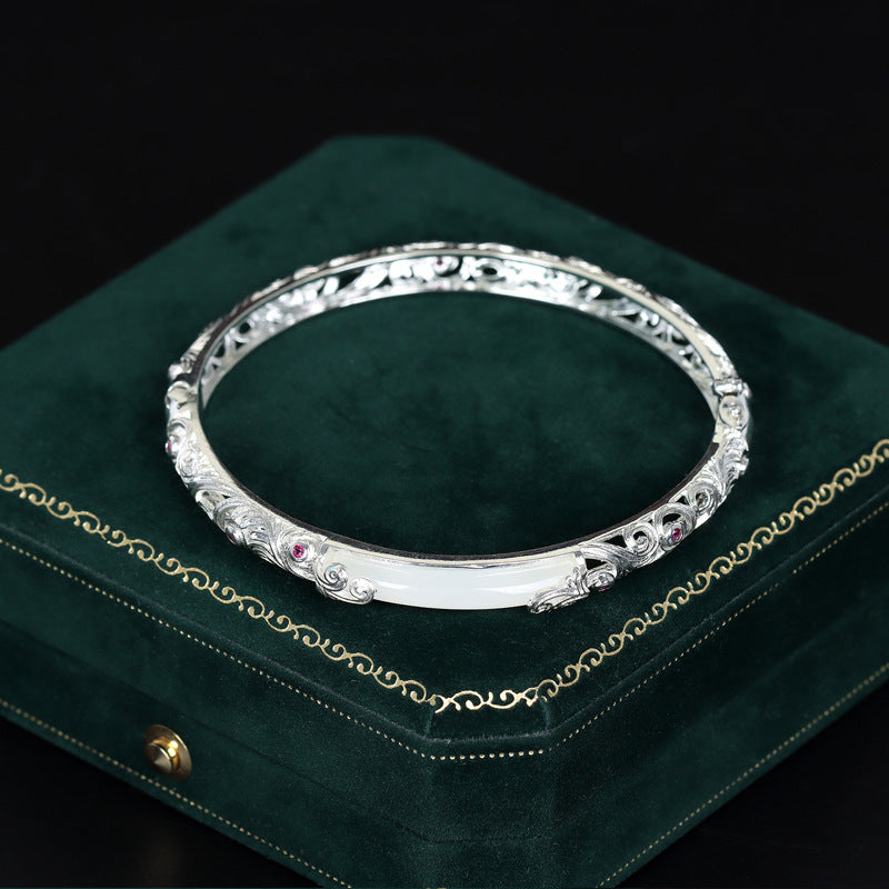 Bracciale cavo in giada Hetian placcato oro e filigrana, realizzato in argento S925, stile antico, regalo retrò per donna, perfetto per San Valentino e compleanno