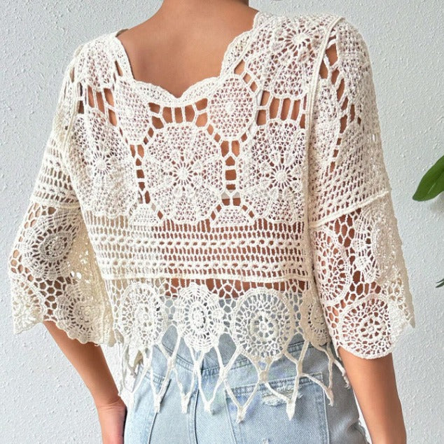 Top in maglia traforata all'uncinetto, tinta unita, copricostume da spiaggia, delicato sulla pelle, con nappine, camicetta casual