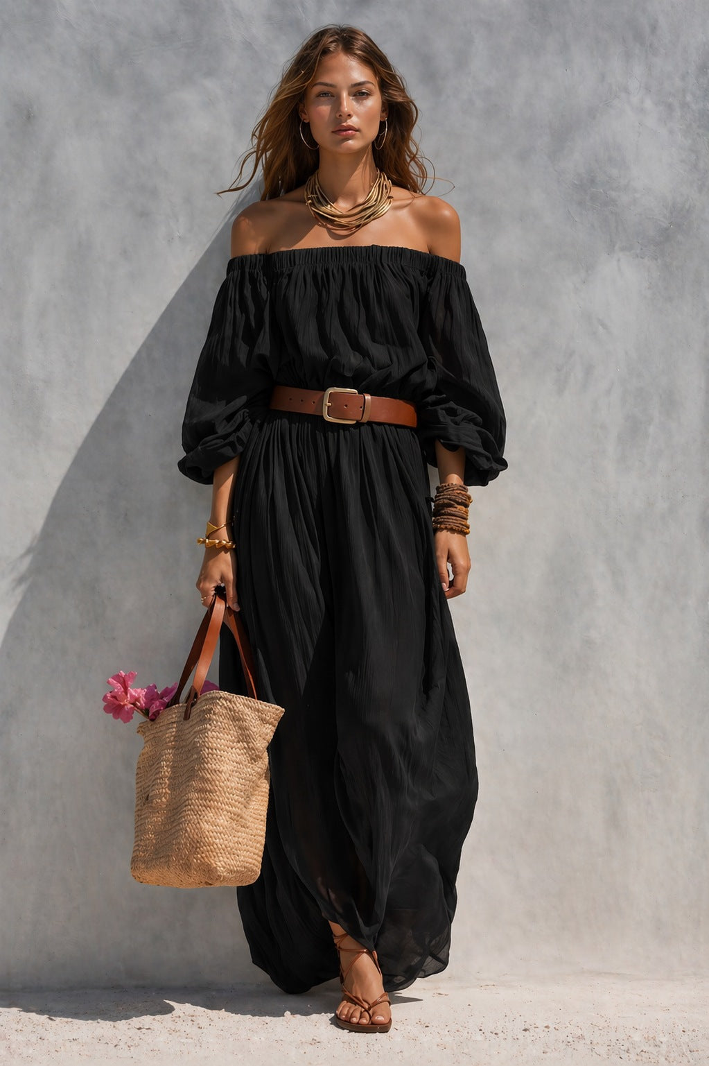 Abito lungo casual da donna in cotone e lino con scollo a barca