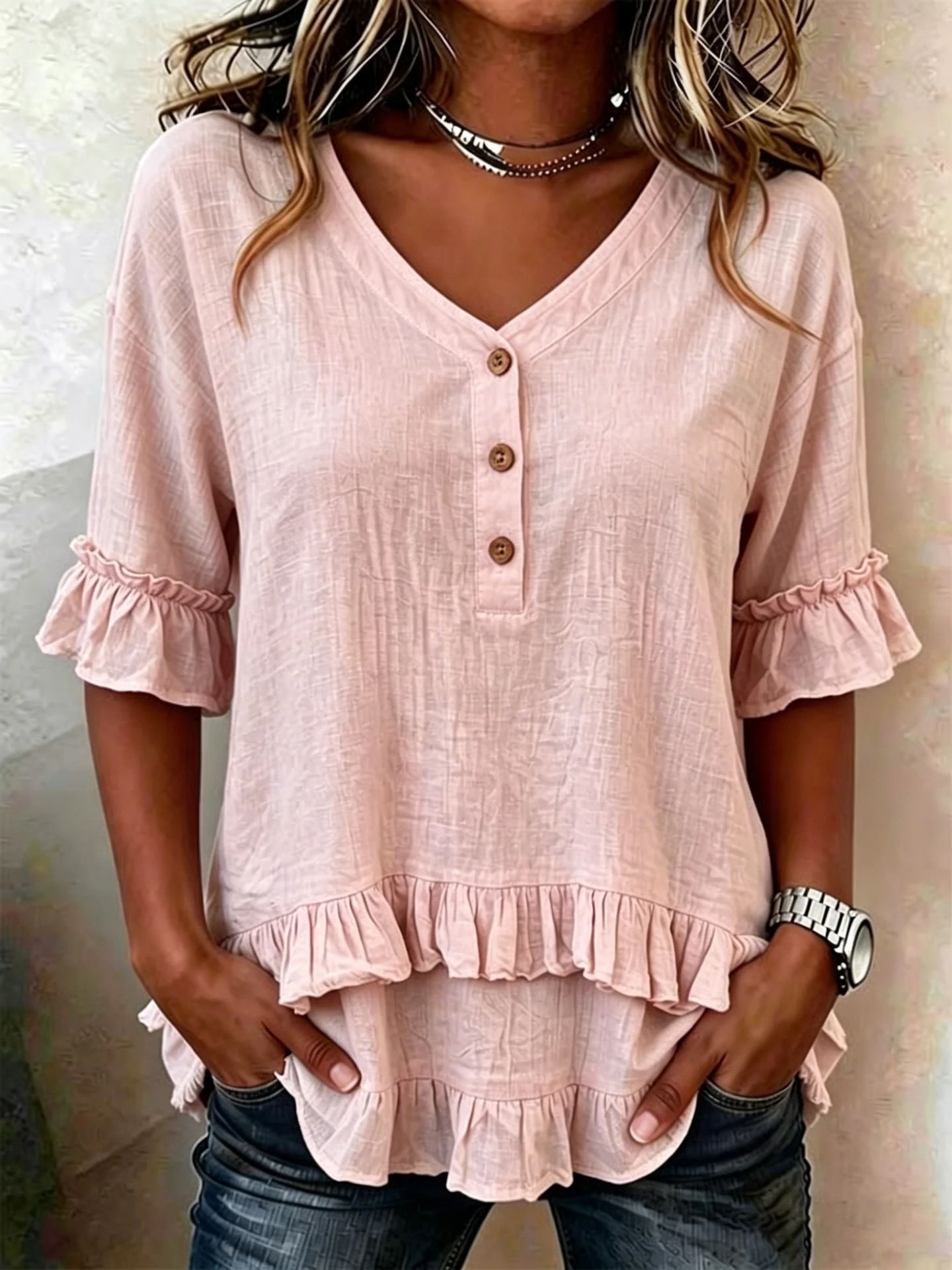Camicia da donna retrò a maniche corte con scollo a V e volant
