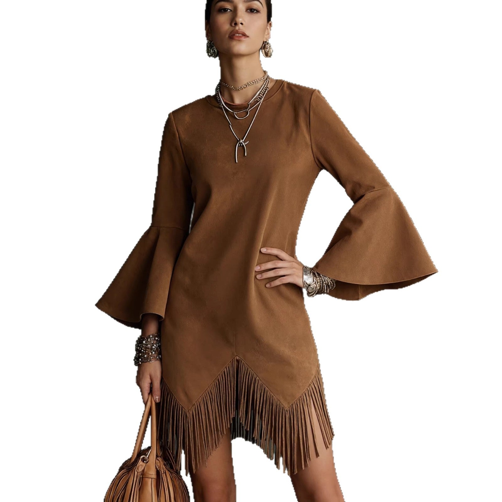Abito da donna ampio e alla moda con maniche svasate e nappine