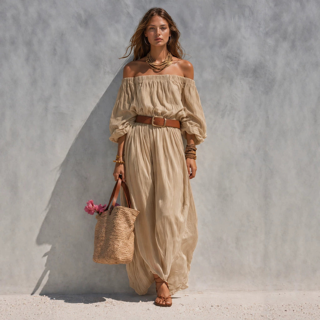 Abito lungo casual da donna in cotone e lino con scollo a barca