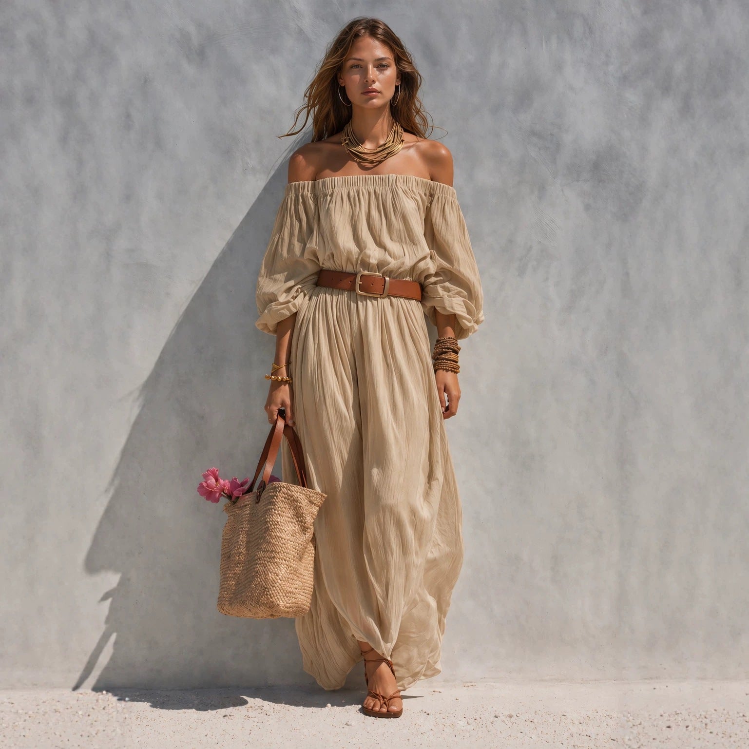 Abito lungo casual da donna in cotone e lino con scollo a barca