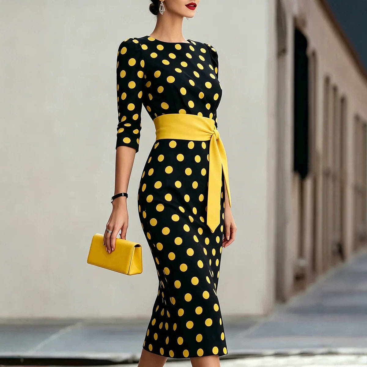 Abito elegante aderente in vita, blu navy a pois in stile retrò, con cintura.