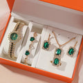 Set regalo da cinque pezzi con orologio, collana, bracciale orecchini e anello verde da donna, confezione regalo.