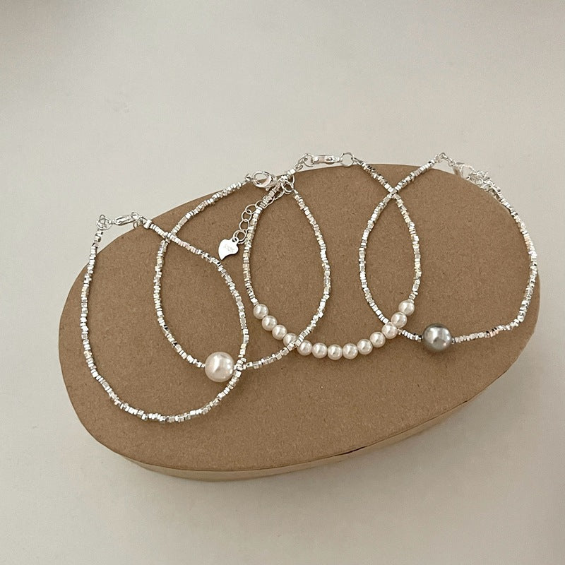 Bracciale minimalista in argento rotto con patchwork e perle