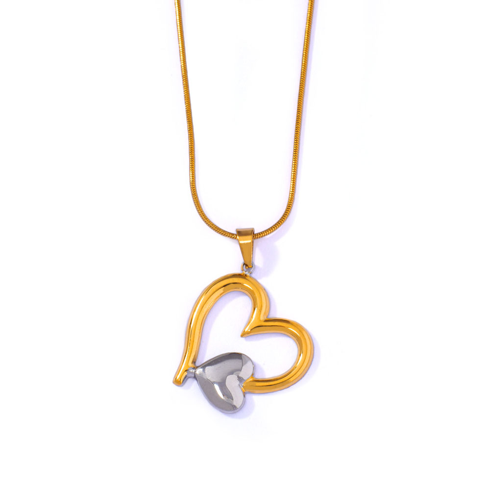 Collana con ciondolo a forma di cuore traforato in acciaio inossidabile bicolore