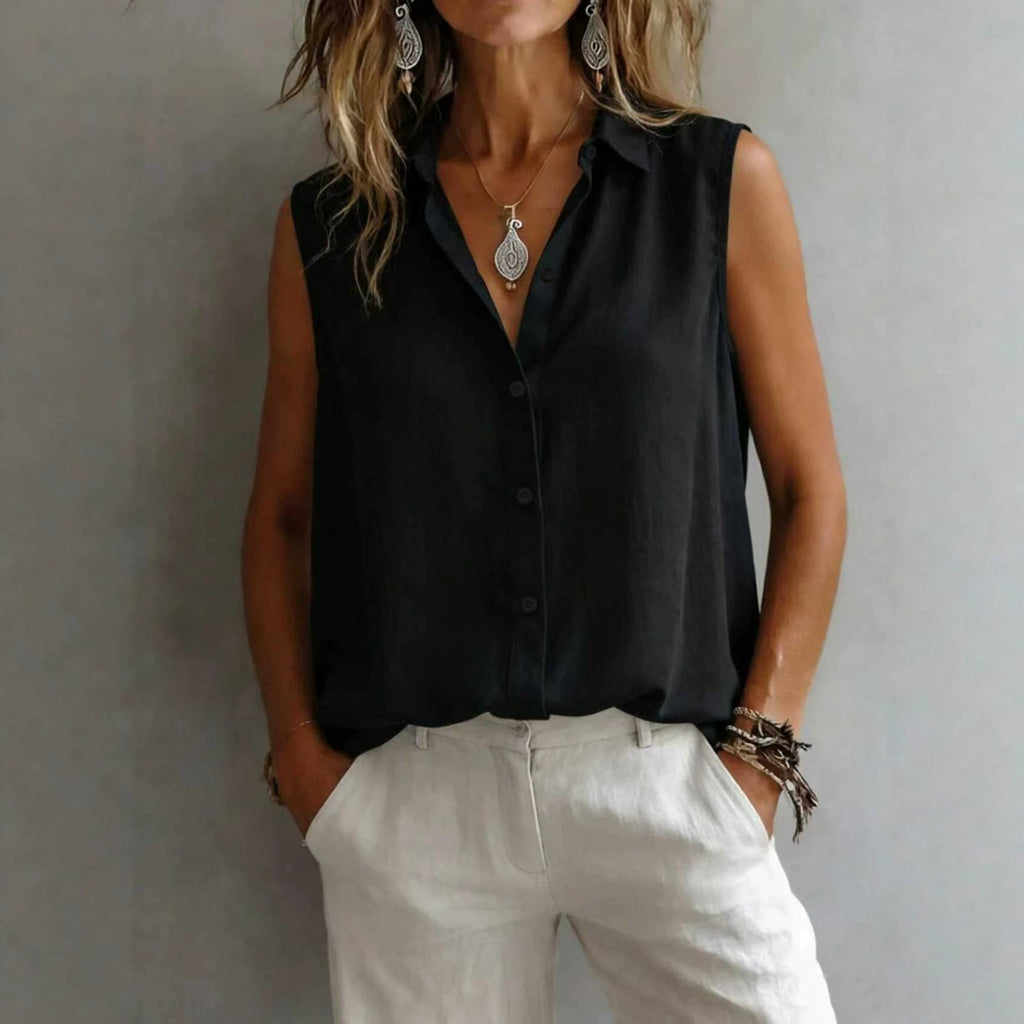 Camicia da donna senza maniche con colletto a risvolto, tinta unita, casual