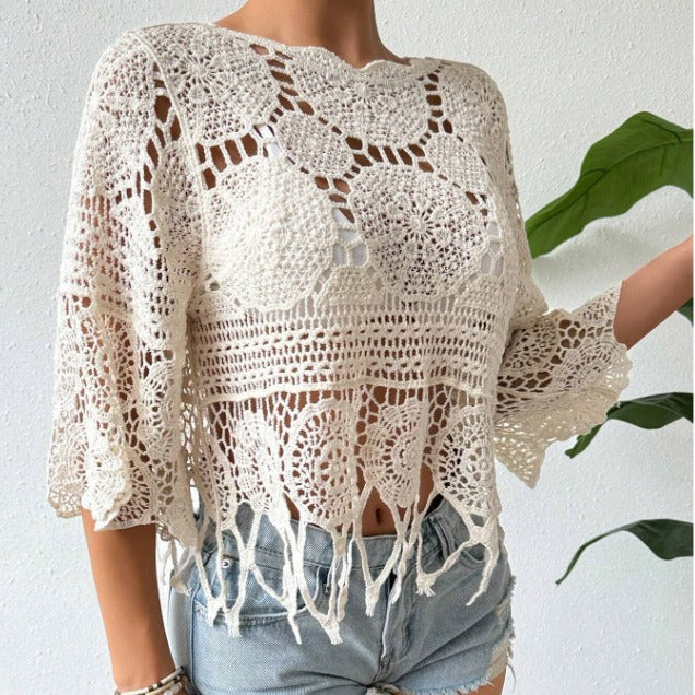Top in maglia traforata all'uncinetto, tinta unita, copricostume da spiaggia, delicato sulla pelle, con nappine, camicetta casual
