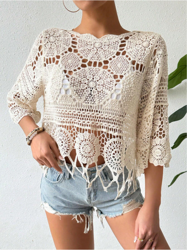 Top in maglia traforata all'uncinetto, tinta unita, copricostume da spiaggia, delicato sulla pelle, con nappine, camicetta casual