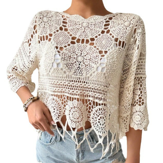 Top in maglia traforata all'uncinetto, tinta unita, copricostume da spiaggia, delicato sulla pelle, con nappine, camicetta casual