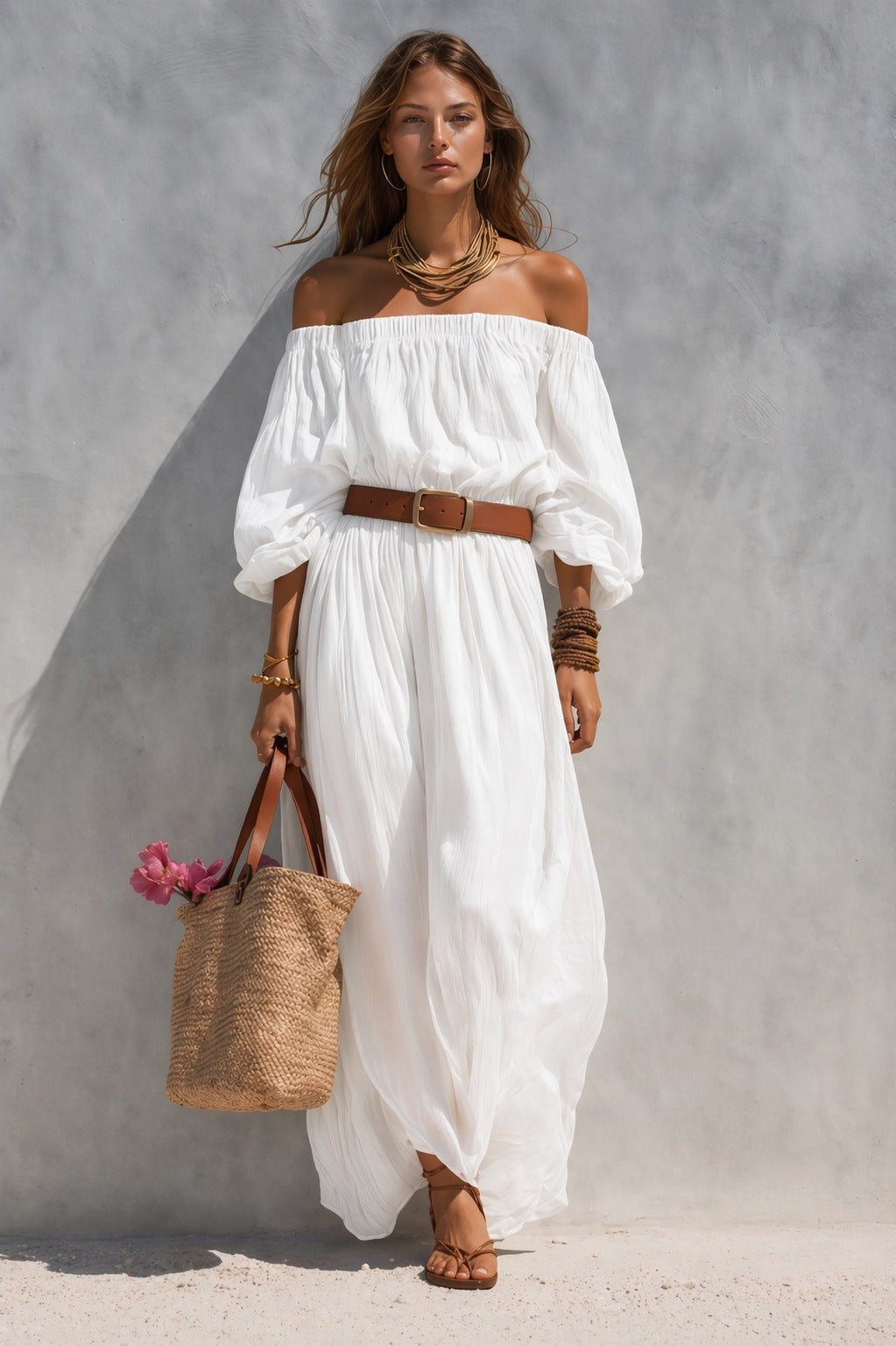 Abito lungo casual da donna in cotone e lino con scollo a barca
