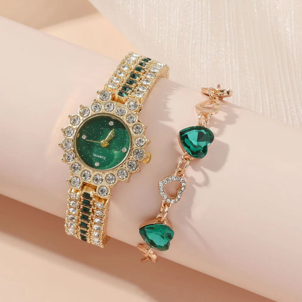 Set regalo da cinque pezzi con orologio, collana, bracciale orecchini e anello verde da donna, confezione regalo.