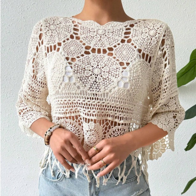 Top in maglia traforata all'uncinetto, tinta unita, copricostume da spiaggia, delicato sulla pelle, con nappine, camicetta casual