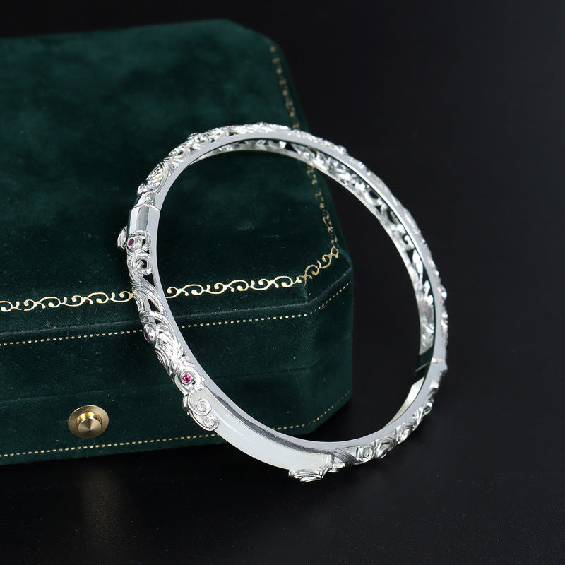 Bracciale cavo in giada Hetian placcato oro e filigrana, realizzato in argento S925, stile antico, regalo retrò per donna, perfetto per San Valentino e compleanno