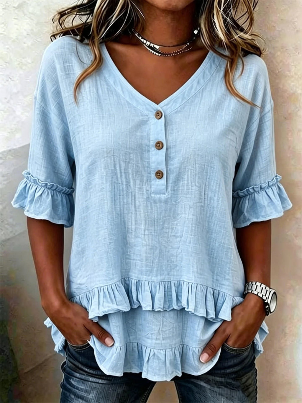 Camicia da donna retrò a maniche corte con scollo a V e volant