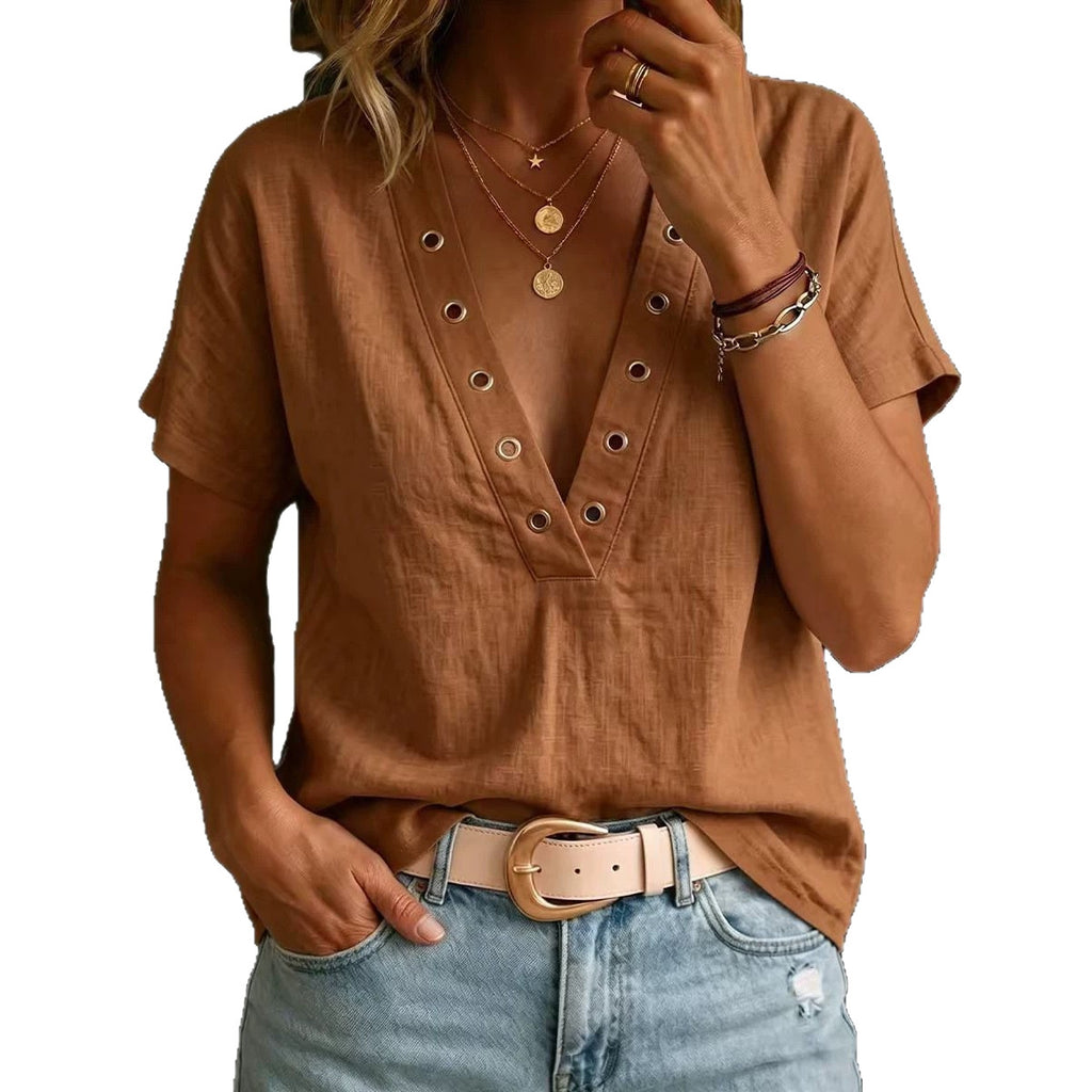 Camicia da donna ampia, casual, con scollo a V, maniche corte e tinta unita.