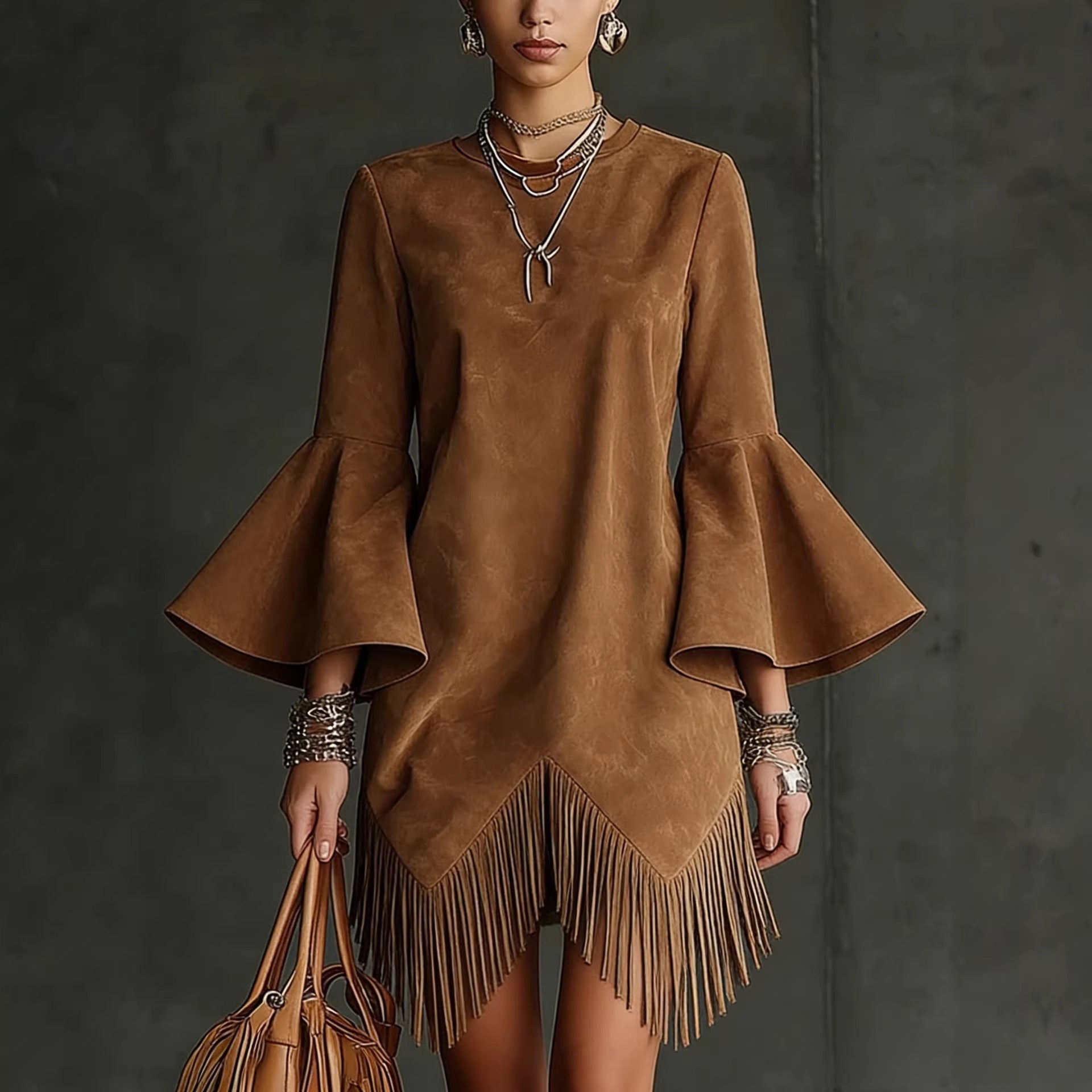 Abito da donna ampio e alla moda con maniche svasate e nappine