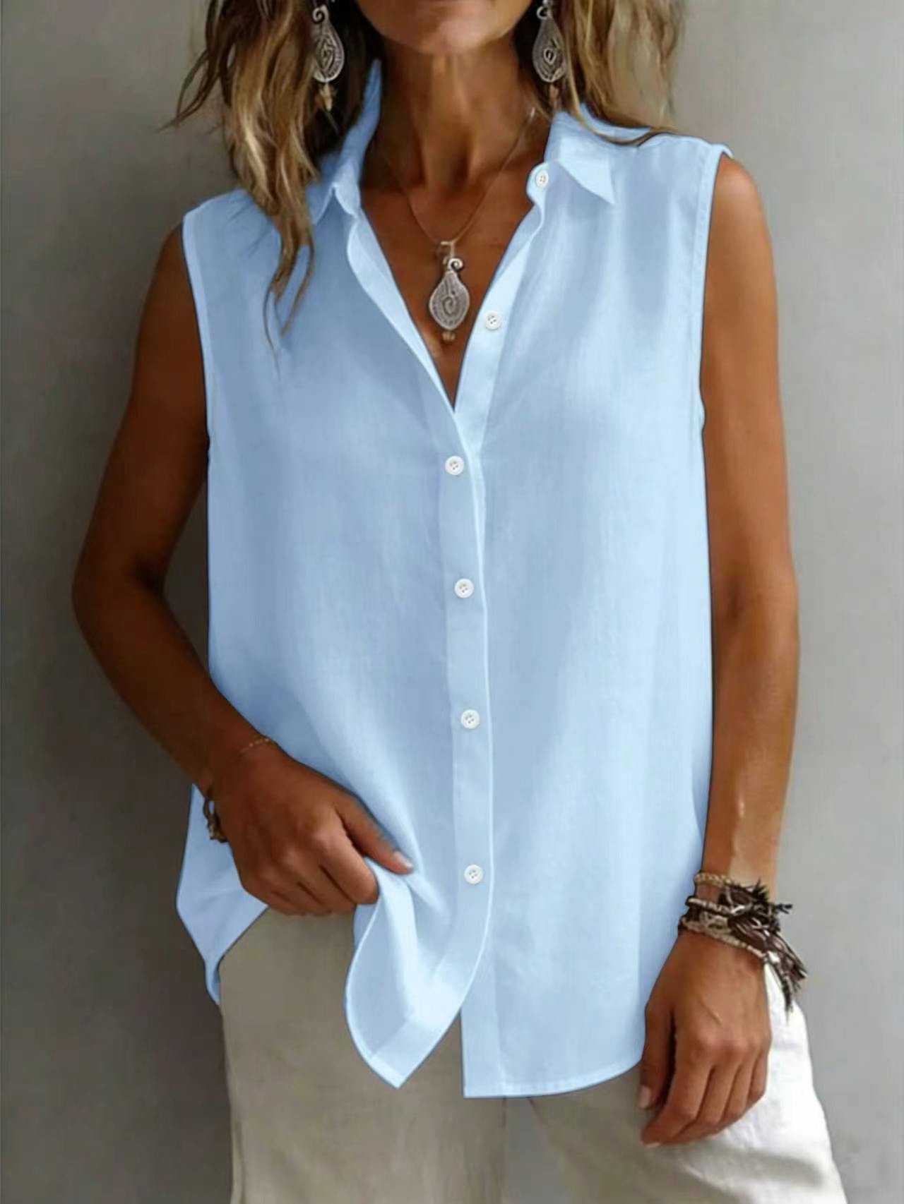 Camicia da donna senza maniche con colletto a risvolto, tinta unita, casual