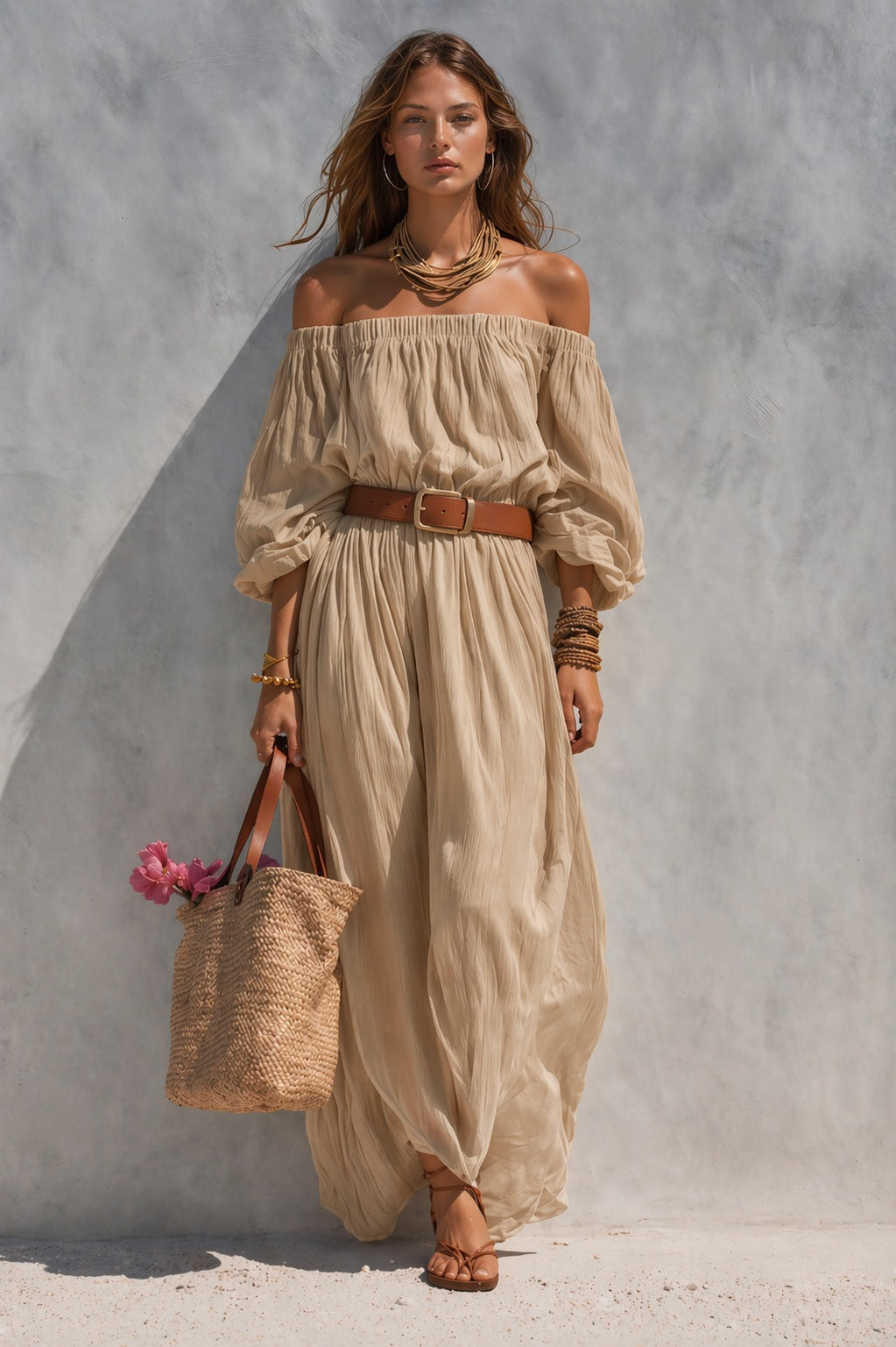 Abito lungo casual da donna in cotone e lino con scollo a barca