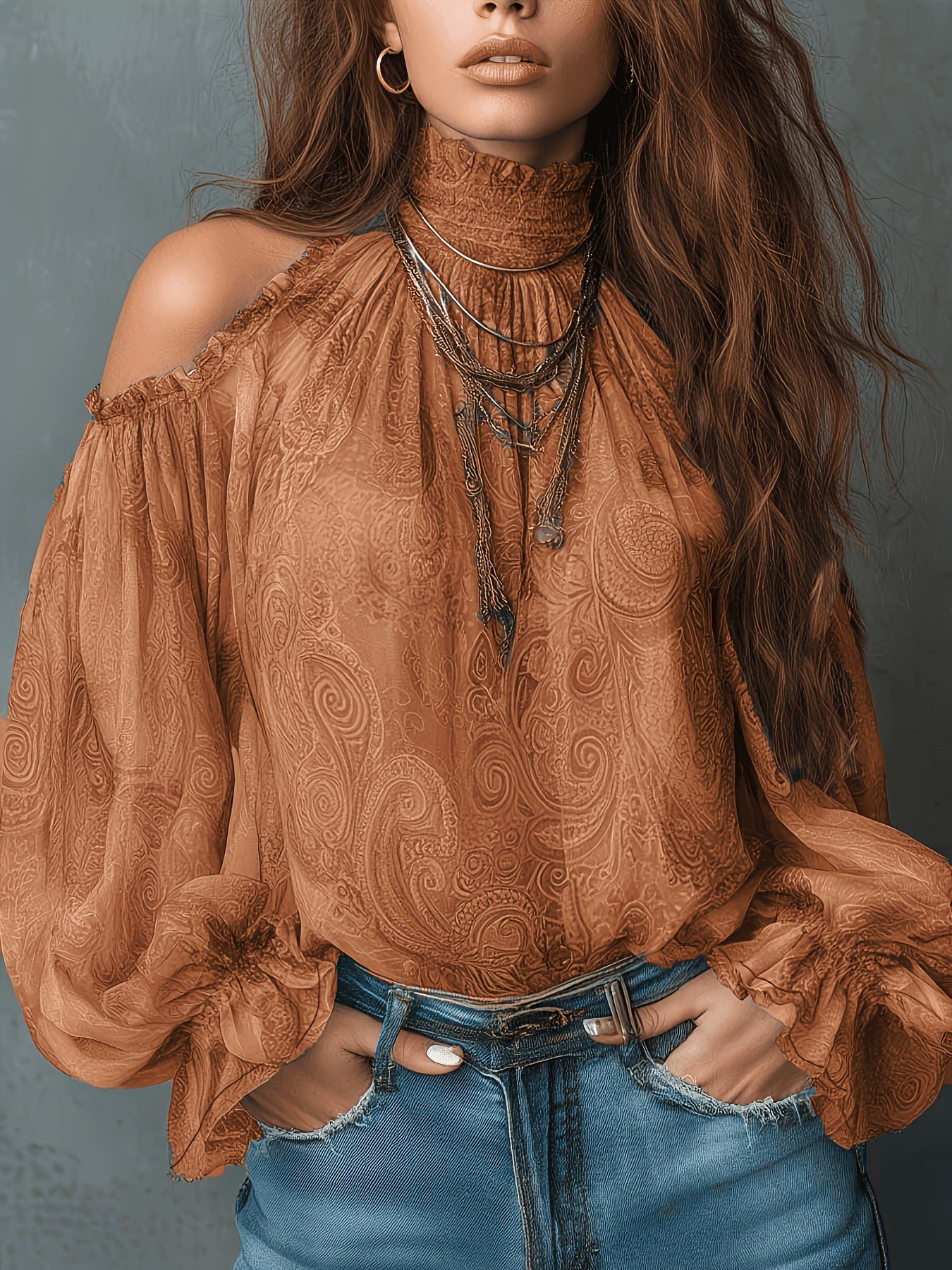 Camicetta in chiffon a collo alto con stampa di anacardi in stile retrò e scollo a spalle scoperte