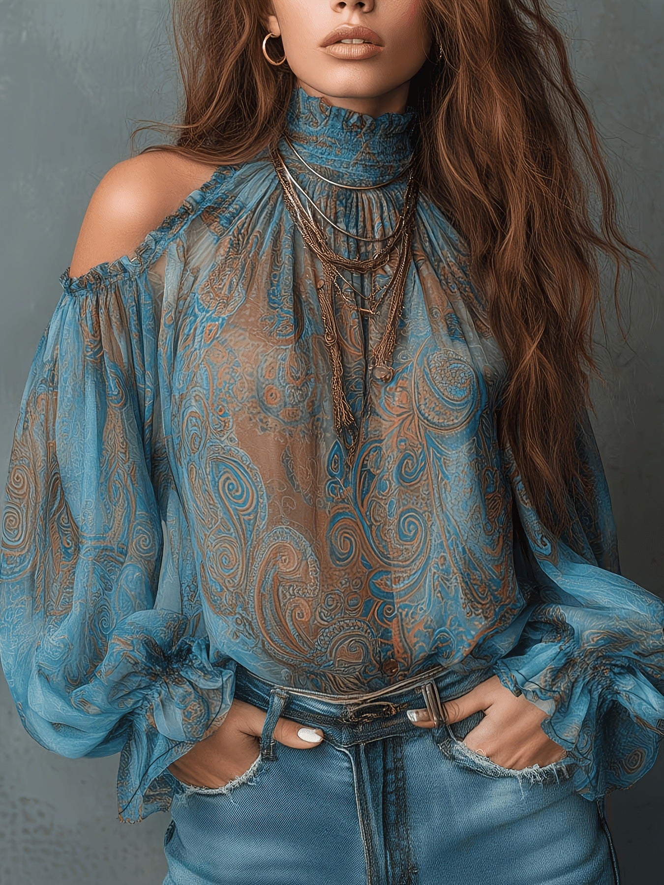Camicetta in chiffon a collo alto con stampa di anacardi in stile retrò e scollo a spalle scoperte