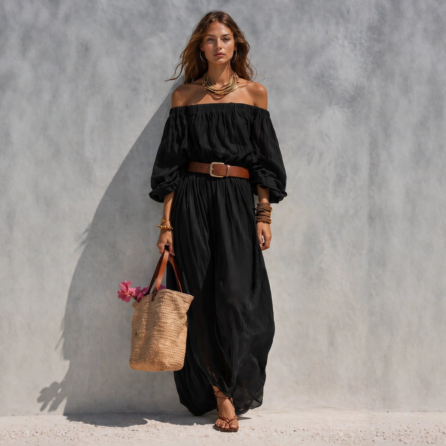 Abito lungo casual da donna in cotone e lino con scollo a barca