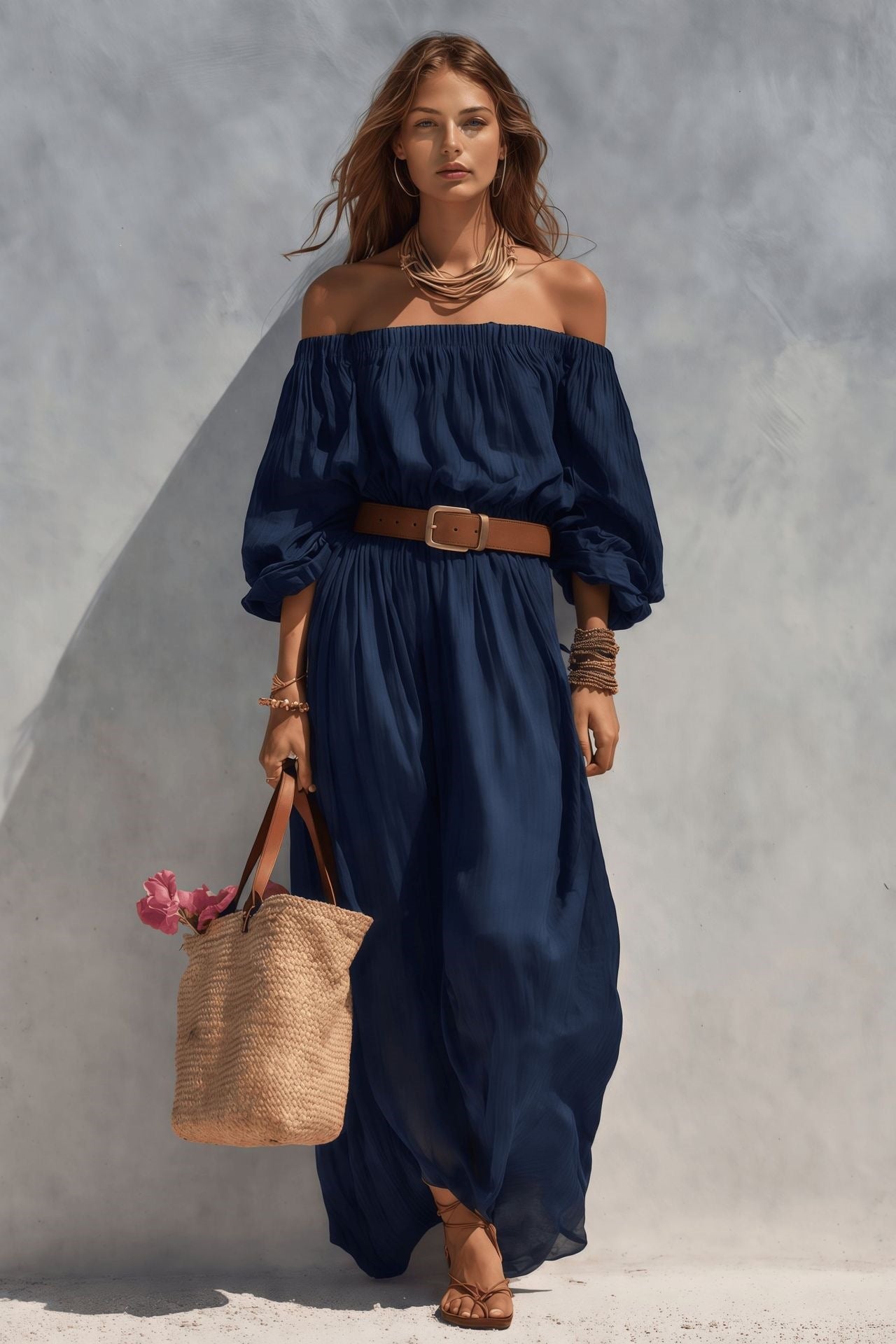 Abito lungo casual da donna in cotone e lino con scollo a barca