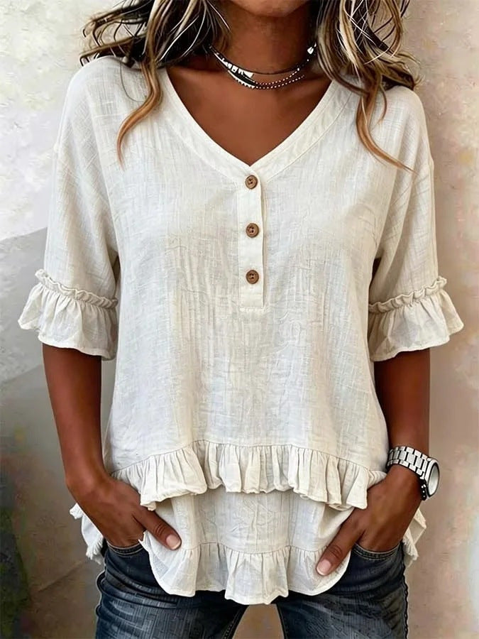 Camicia da donna retrò a maniche corte con scollo a V e volant