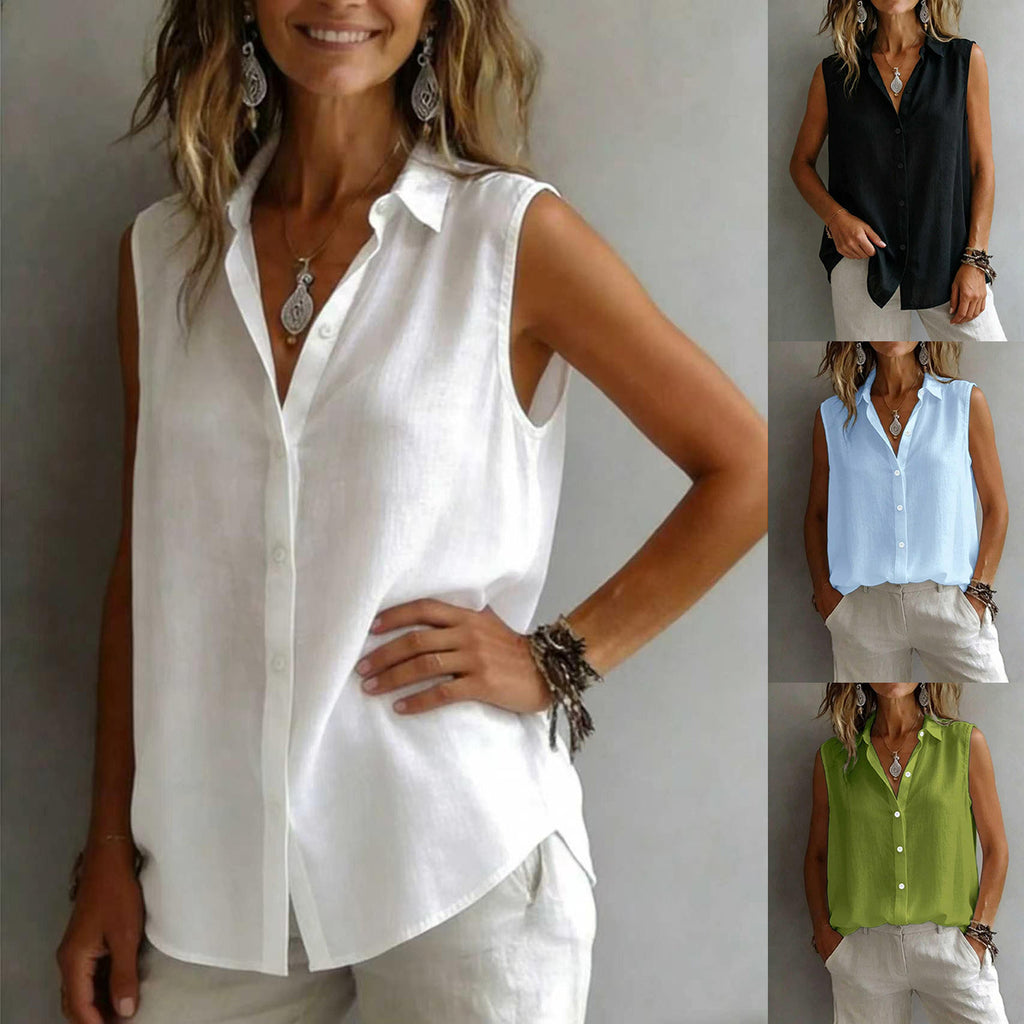 Camicia da donna senza maniche con colletto a risvolto, tinta unita, casual