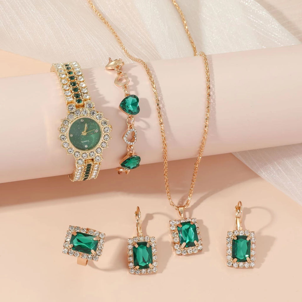 Set regalo da cinque pezzi con orologio, collana, bracciale orecchini e anello verde da donna, confezione regalo.