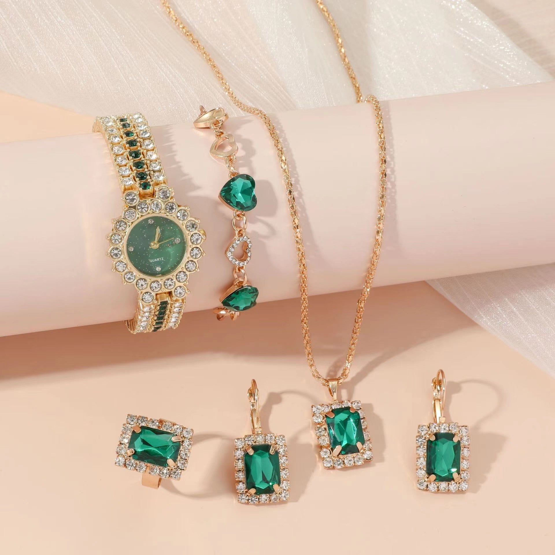 Set regalo da cinque pezzi con orologio, collana, bracciale orecchini e anello verde da donna, confezione regalo.