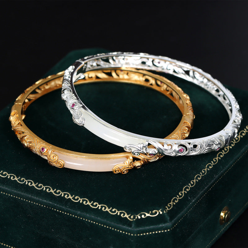 Bracciale cavo in giada Hetian placcato oro e filigrana, realizzato in argento S925, stile antico, regalo retrò per donna, perfetto per San Valentino e compleanno