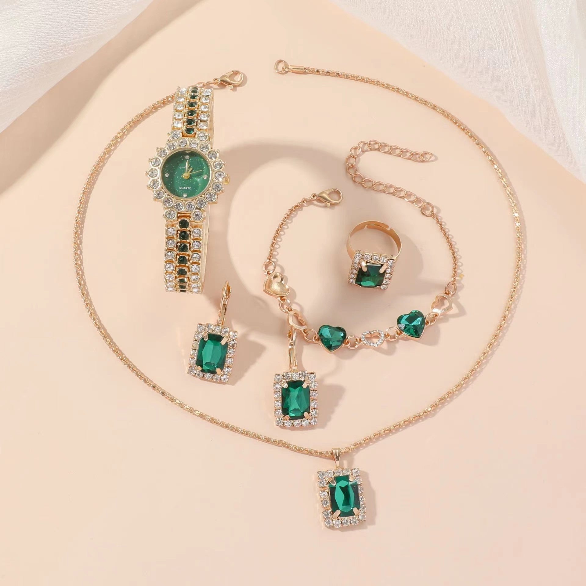 Set regalo da cinque pezzi con orologio, collana, bracciale orecchini e anello verde da donna, confezione regalo.