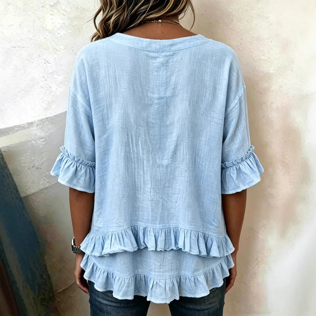 Camicia da donna retrò a maniche corte con scollo a V e volant