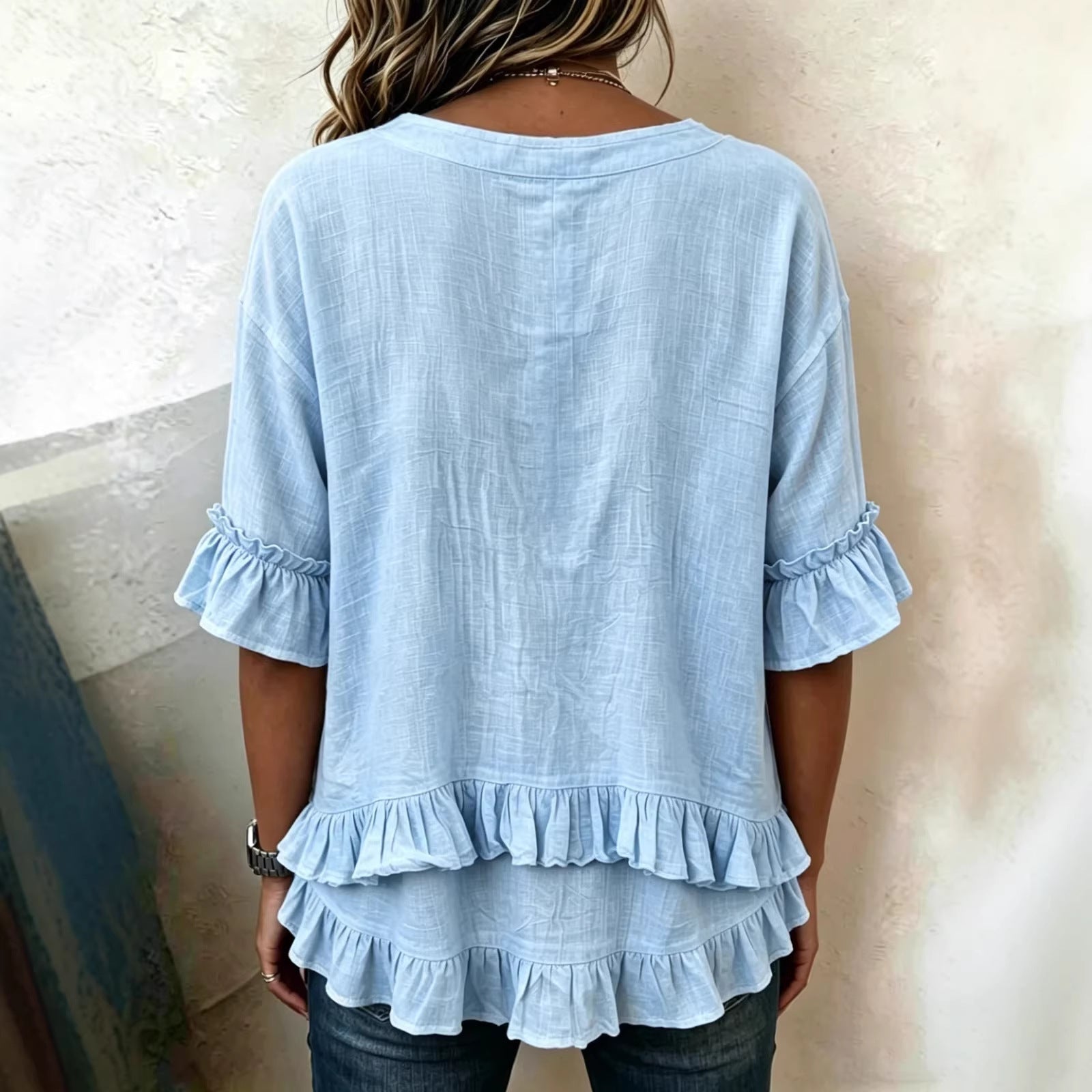 Camicia da donna retrò a maniche corte con scollo a V e volant