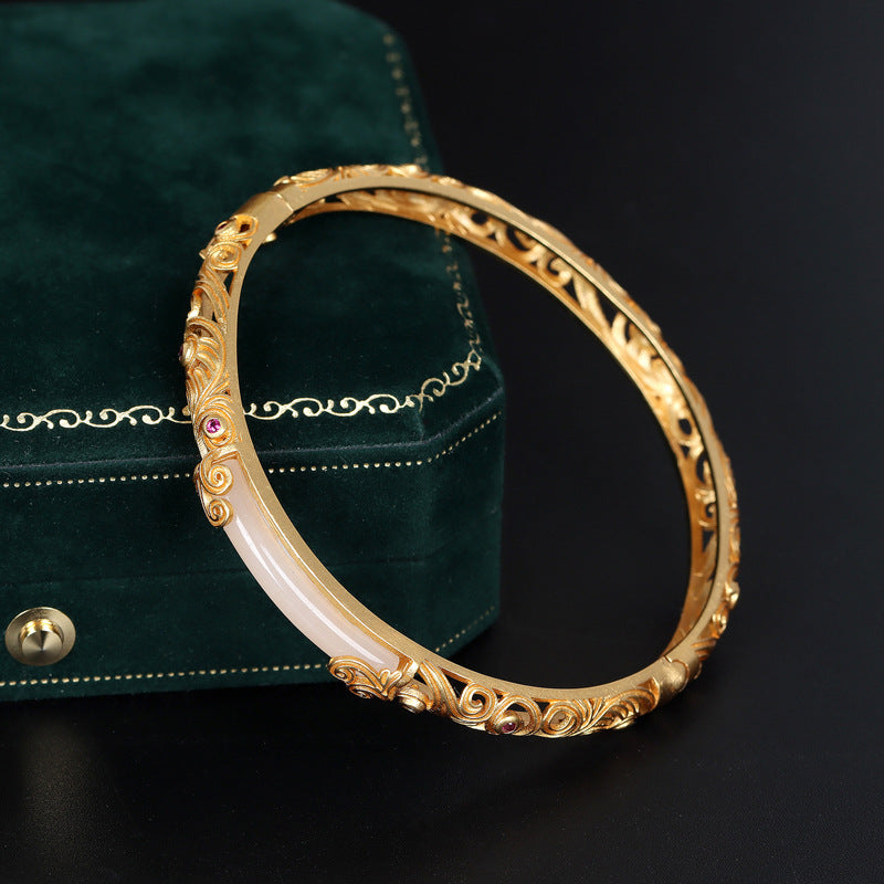 Bracciale cavo in giada Hetian placcato oro e filigrana, realizzato in argento S925, stile antico, regalo retrò per donna, perfetto per San Valentino e compleanno