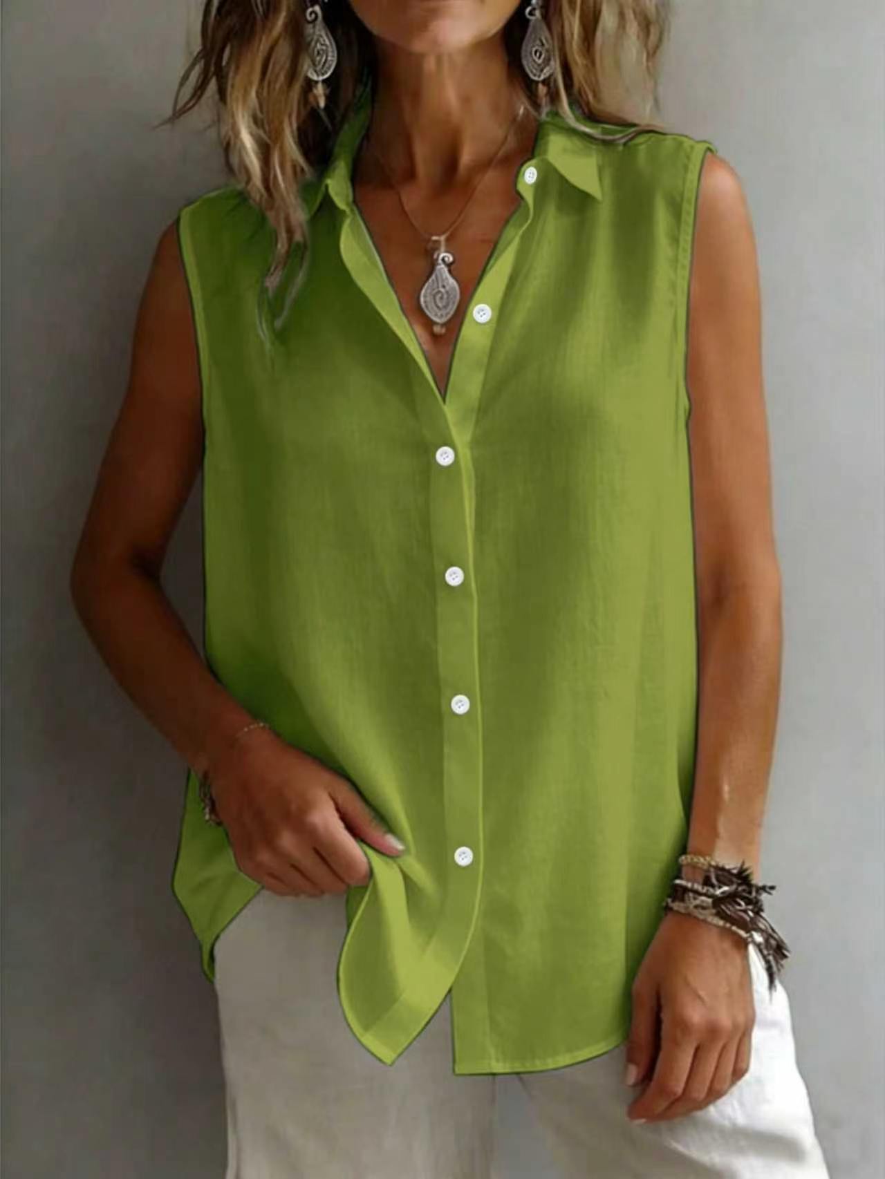 Camicia da donna senza maniche con colletto a risvolto, tinta unita, casual
