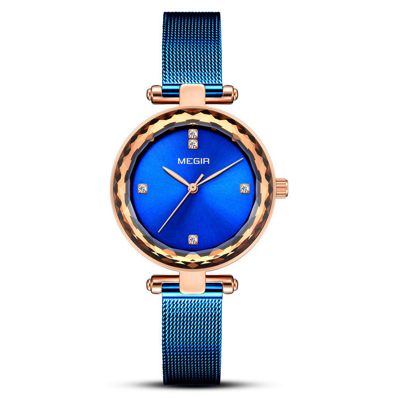 Elegante orologio da donna al quarzo con movimento importato e quadrante a specchio, cinturino in acciaio e dettagli in diamanti.