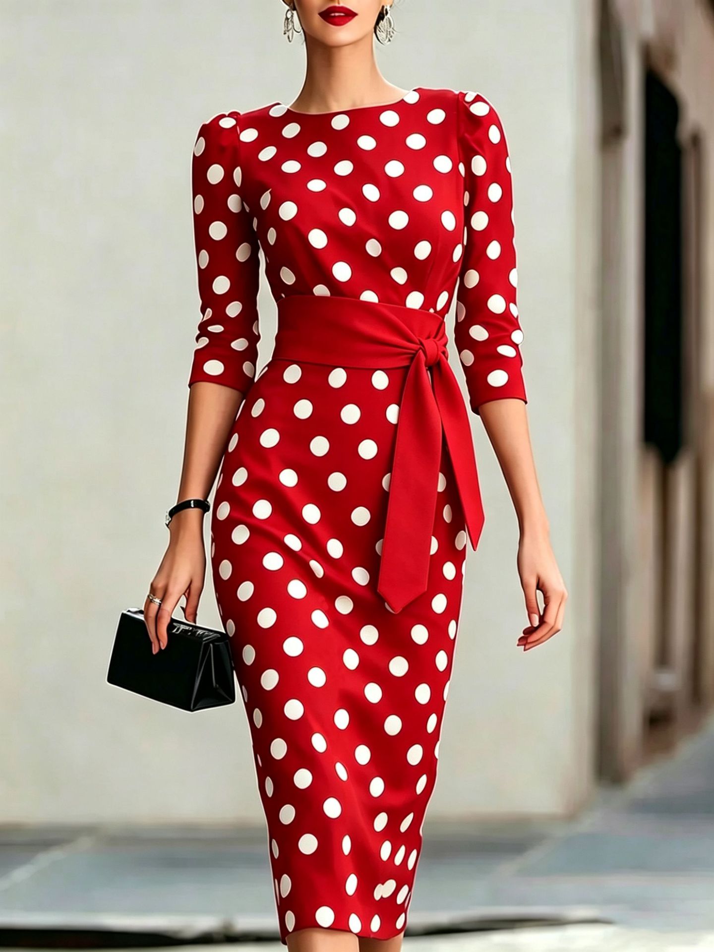 Abito elegante aderente in vita, blu navy a pois in stile retrò, con cintura.