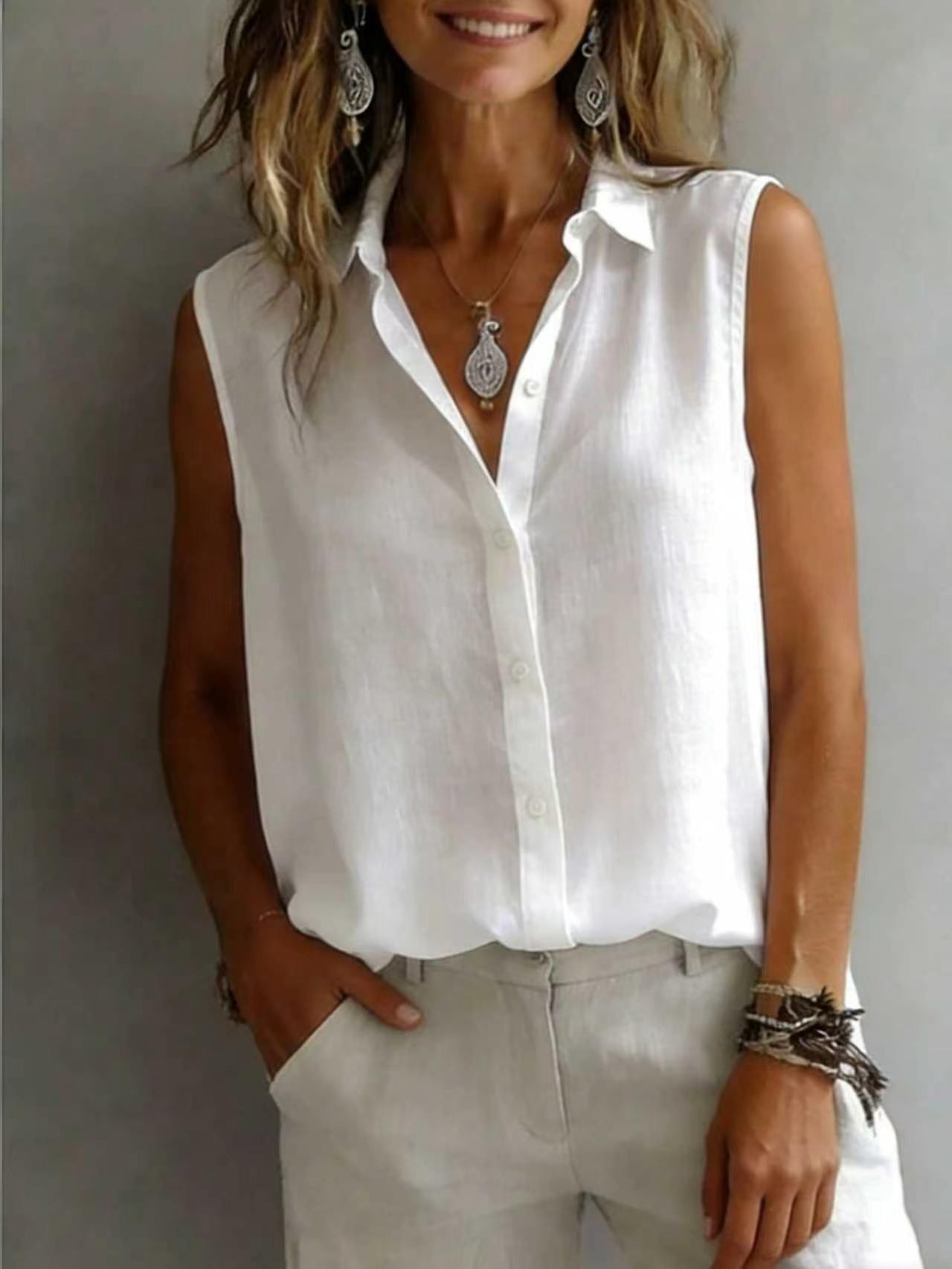 Camicia da donna senza maniche con colletto a risvolto, tinta unita, casual