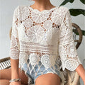 Crochet openwork knit top, solid color, beach cover-up