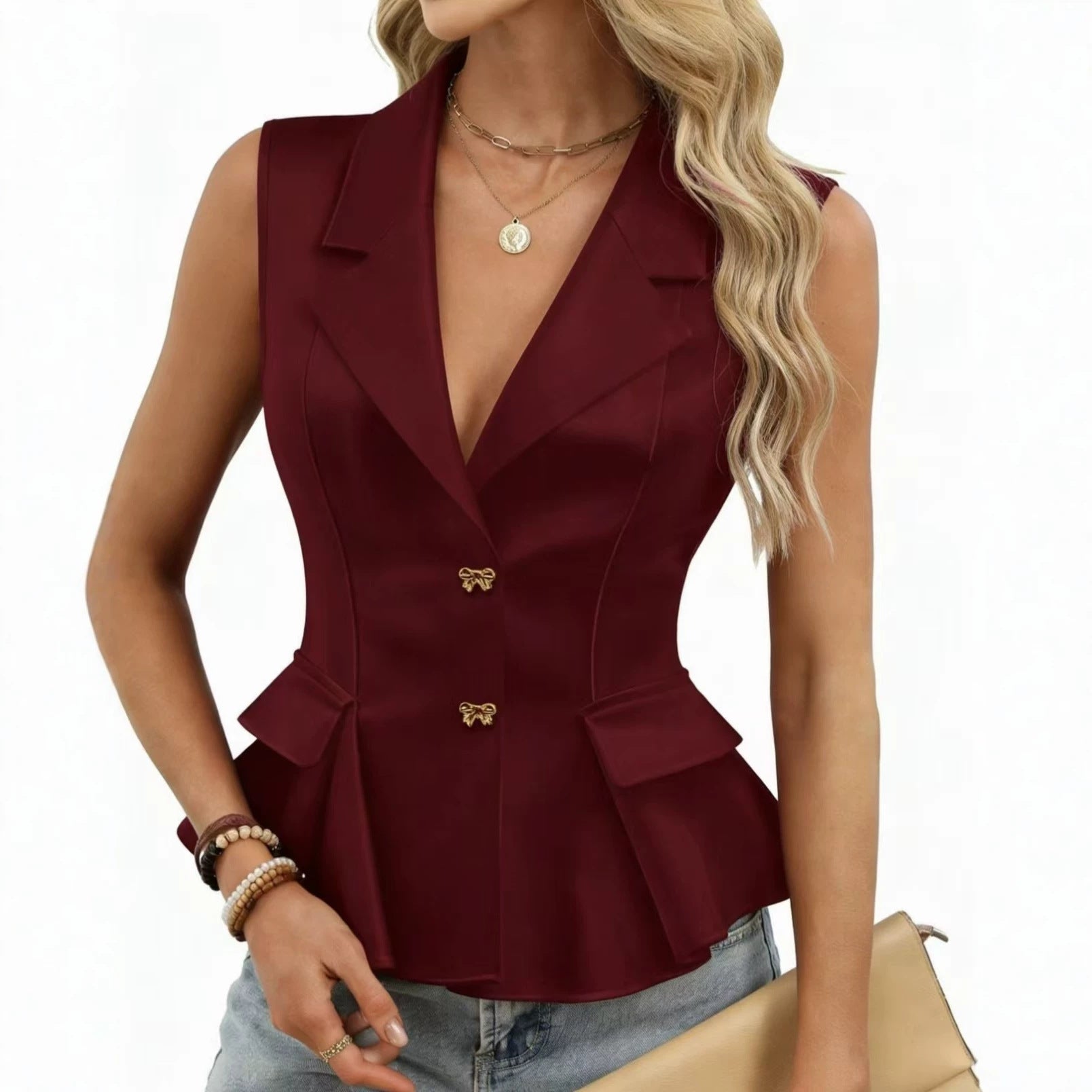 Gilet da completo da donna con scollo a V e bottoni a farfalla