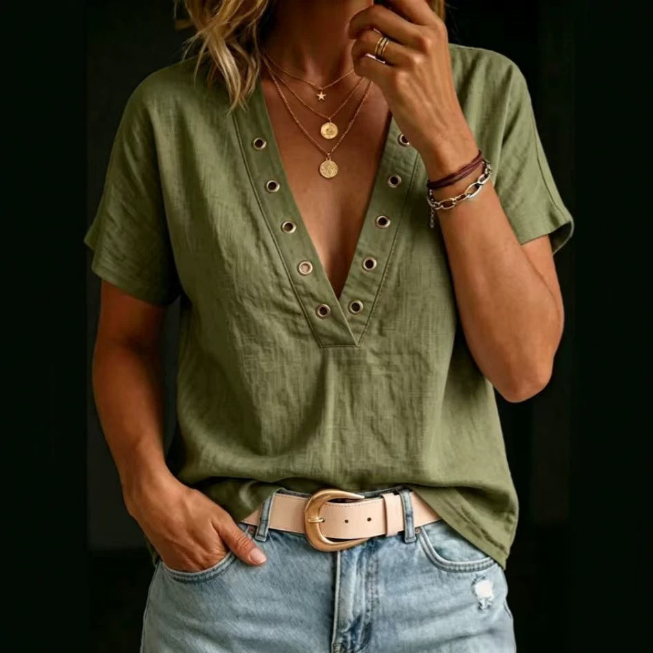 Camicia da donna ampia, casual, con scollo a V, maniche corte e tinta unita.