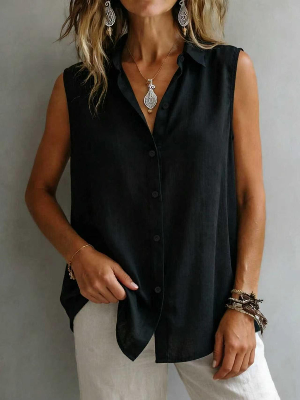 Camicia da donna senza maniche con colletto a risvolto, tinta unita, casual